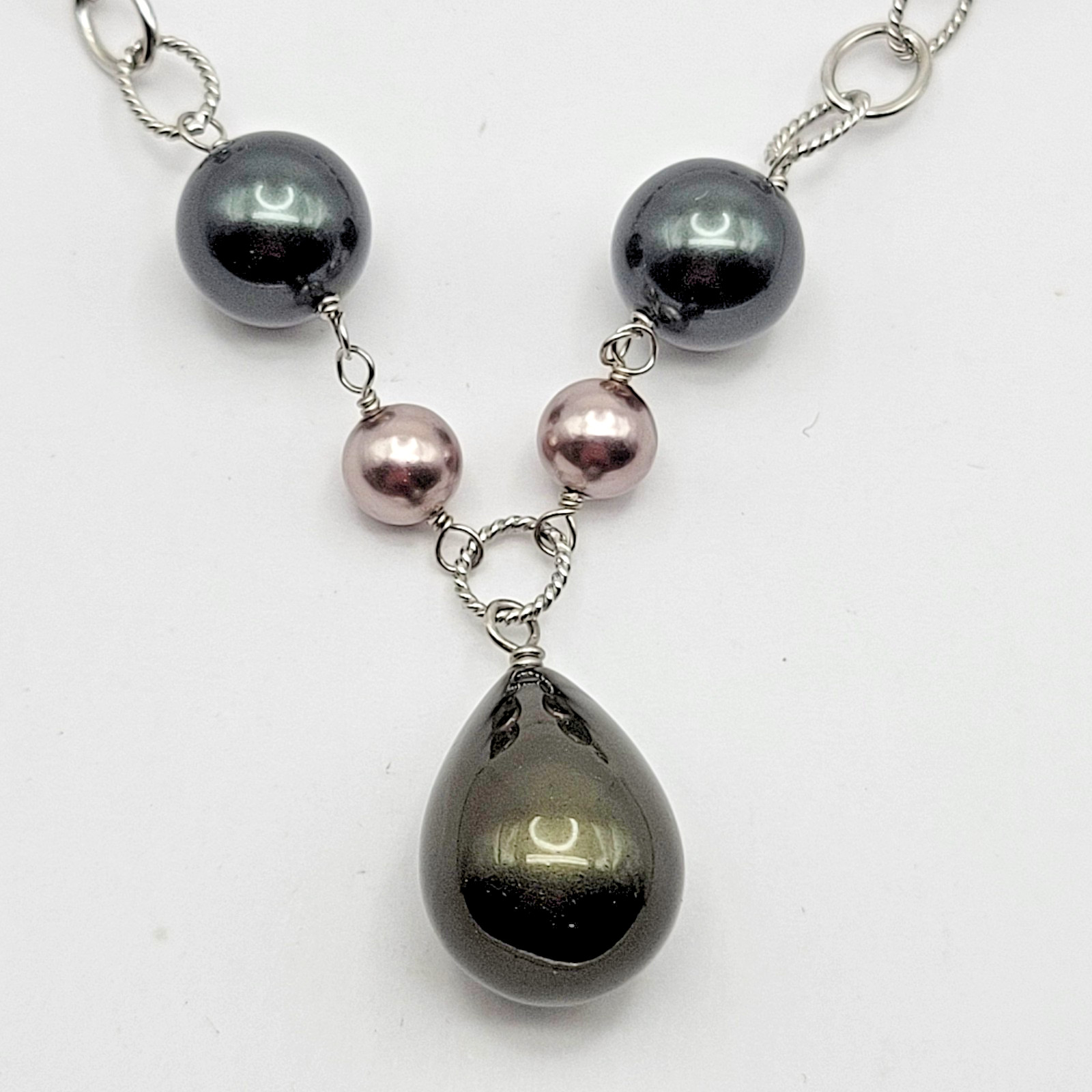 Sterling Silver Peacock Pearl Twist Cable Link Pendant Necklace ~ 18″