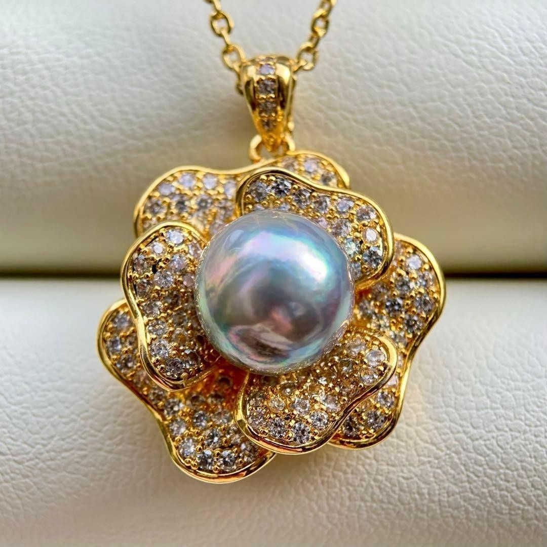 Akoya Pearl Flower Necklace Green Rainbow 9.6mm 18K Gold Finish Japan