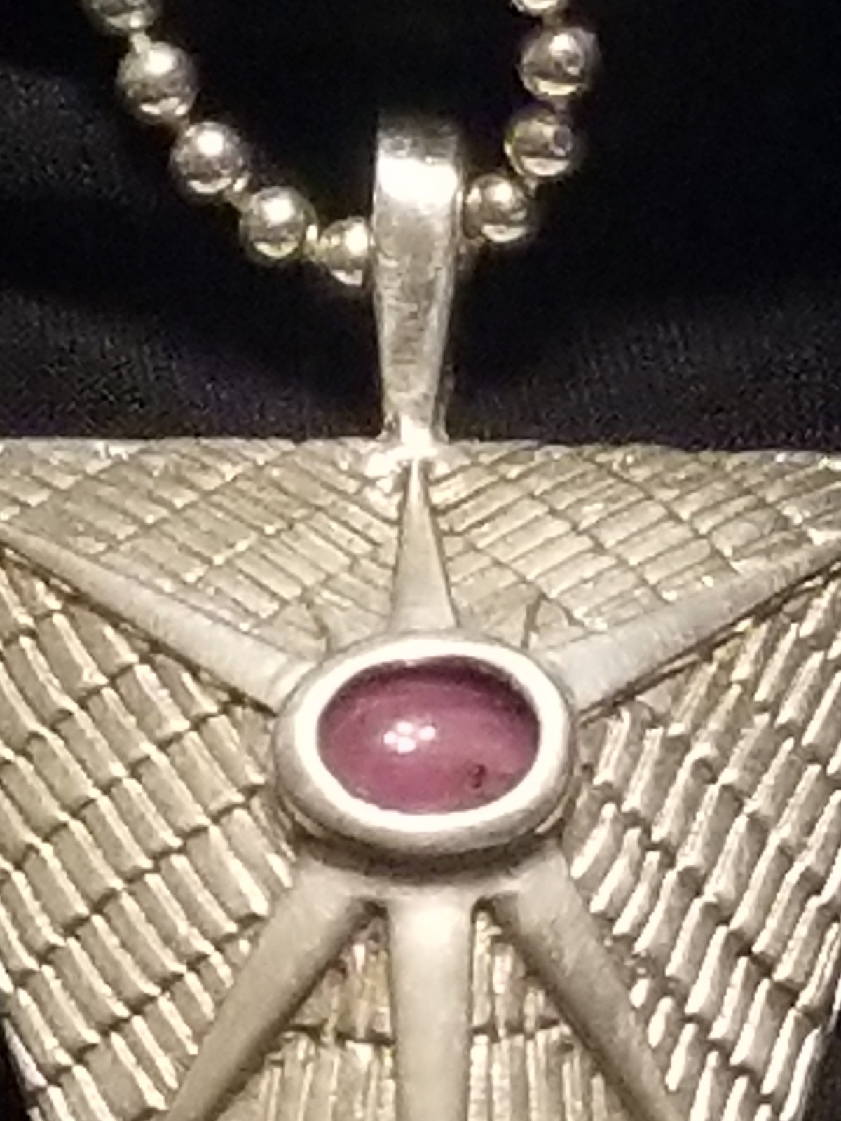 WES WILLIE Signed Pendant,.925 Silver Chain Hammered Pyramid All Seeing Red Ruby