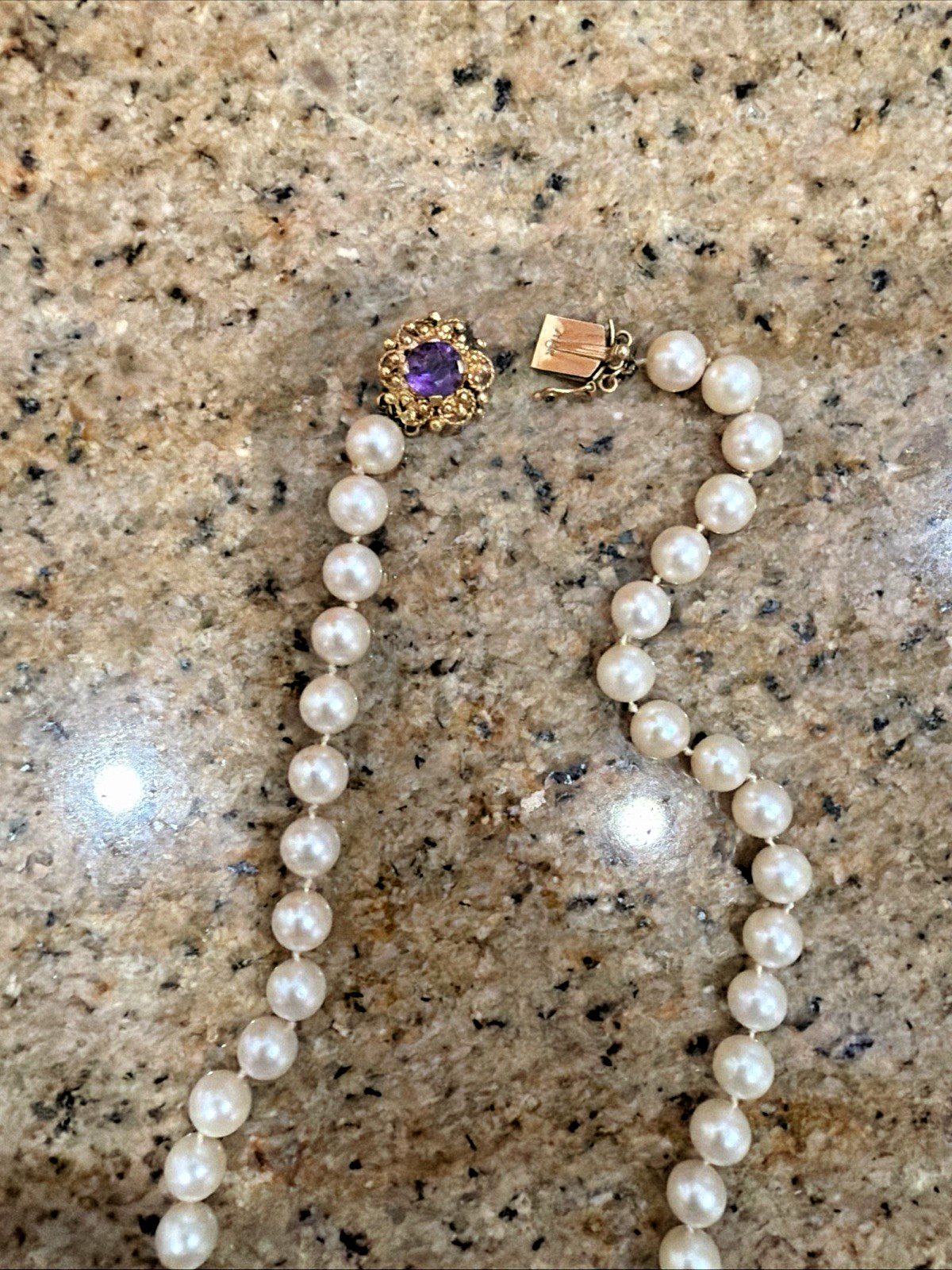 Saltwater Pearls Strand With 14 Karat Gold Amethyst Clasp Vintage Jewelry Nice