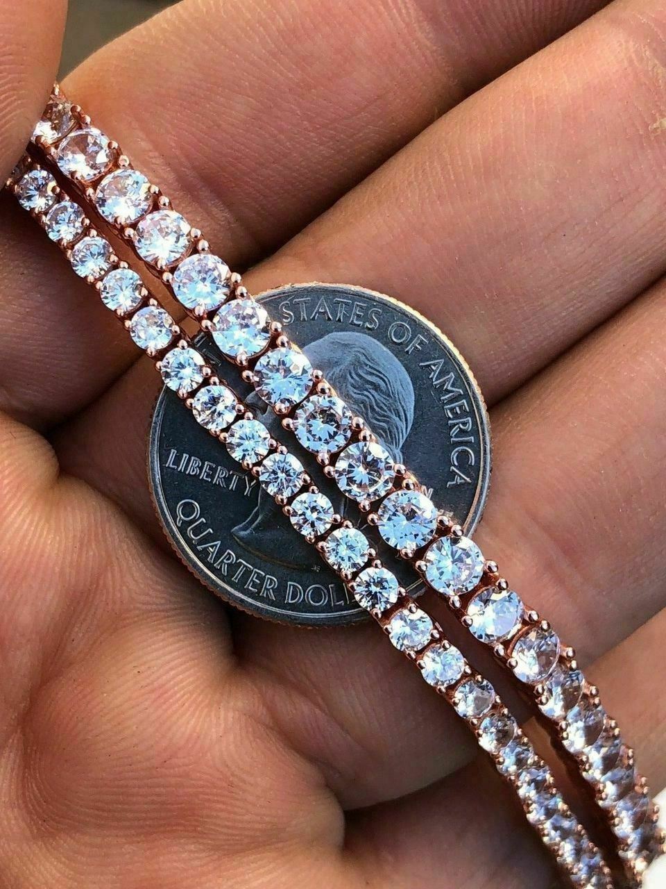 Cadena TENNIS De Plata 925 SOLIDA Bañada en Oro ROSA De 14K Con Diamantes Unisex