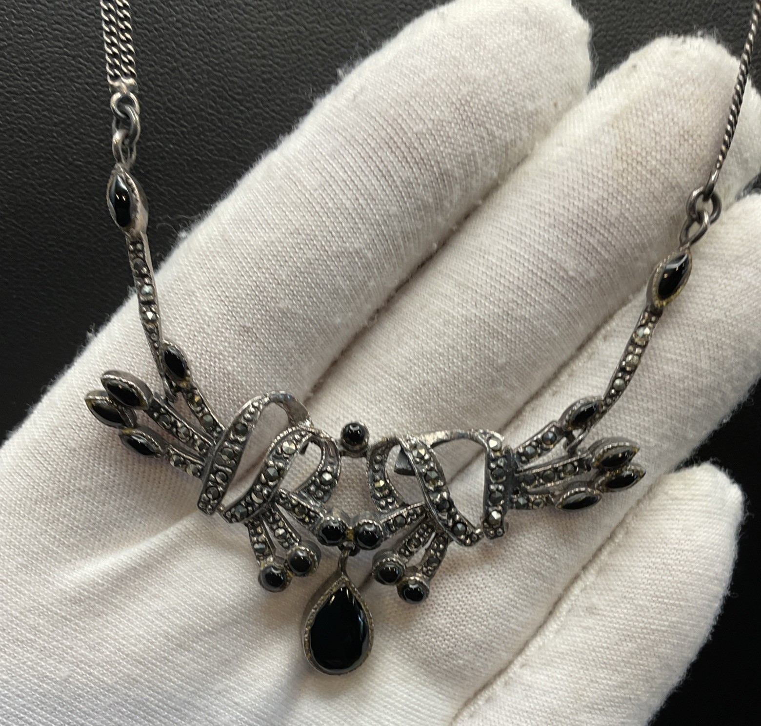 VTG Art Deco Marcasite Black Onyx Sterling Silver Necklace & Earrings