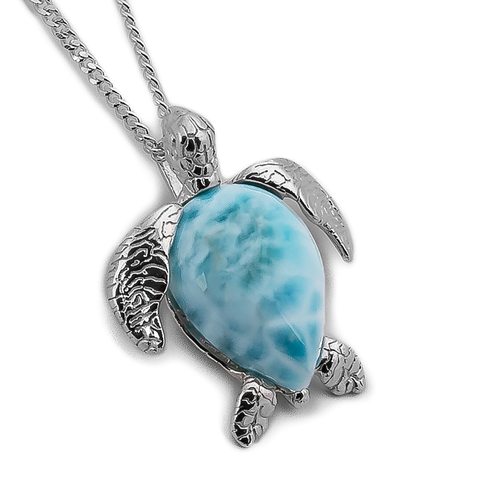 Larimar Sea Turtle Tortoise Necklace 925 Sterling Silver Beach Gifts for Women