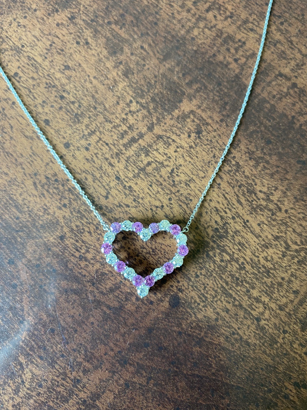 Tiffany & Co. – Platinum Diamond + Pink Sapphire Heart Pendant Necklace – Large