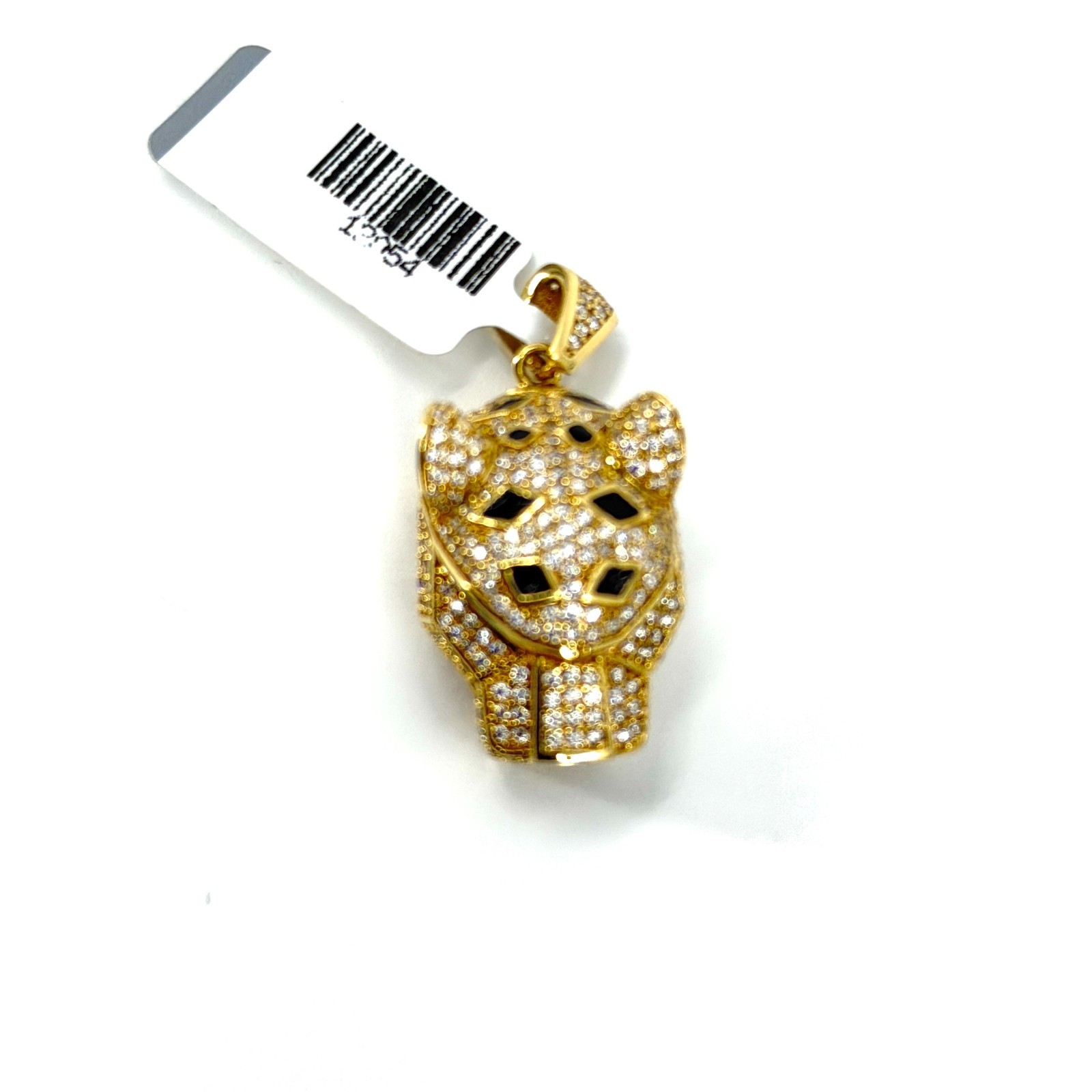 Real 14K Solid Yellow Gold Iced Panther Head Pendant CZ Black Enamel Jaguar