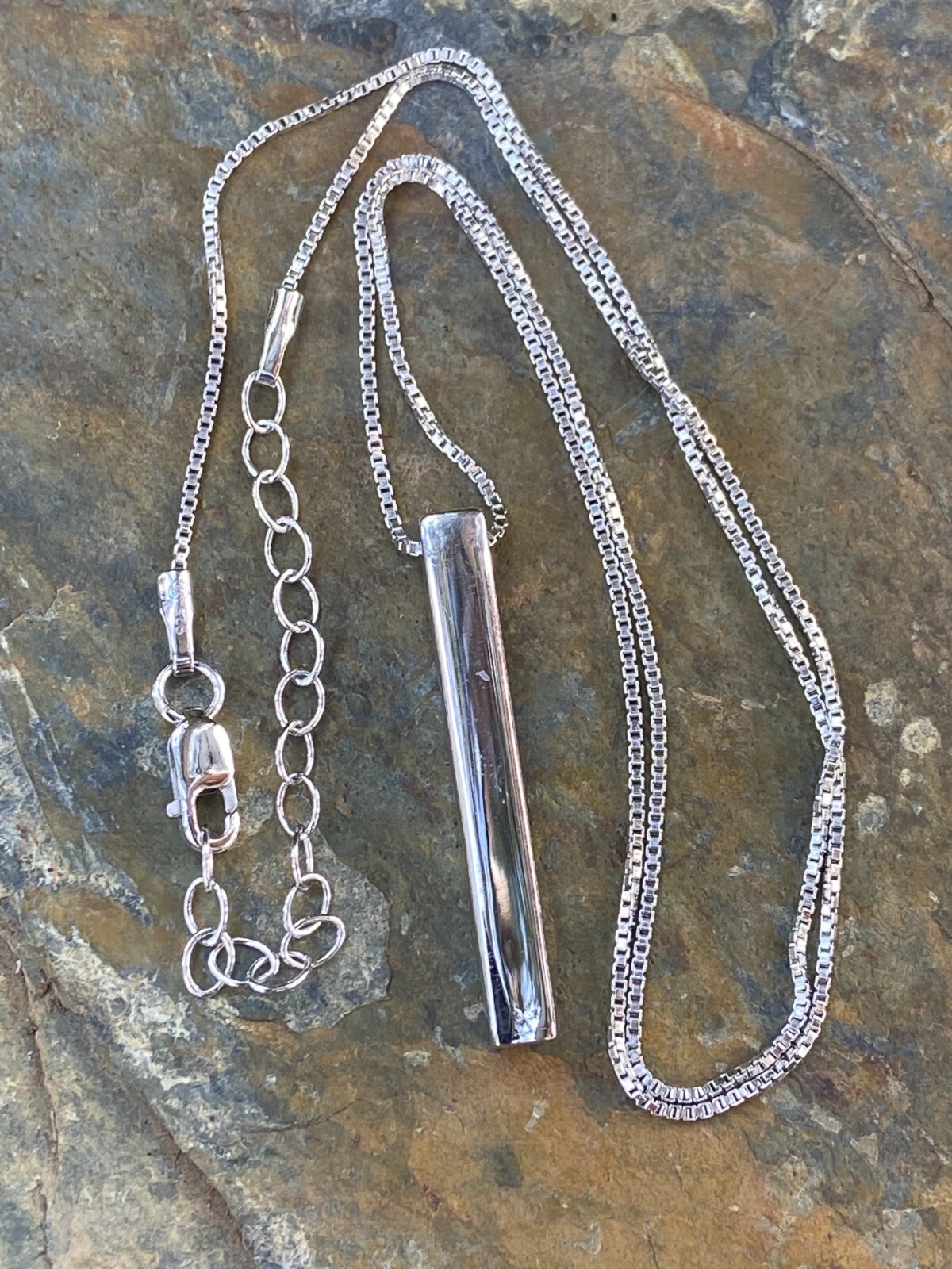 925 Sterling Silver Drop Down Bar Necklace 3D Vertical Rhodium 18″ Adjustable