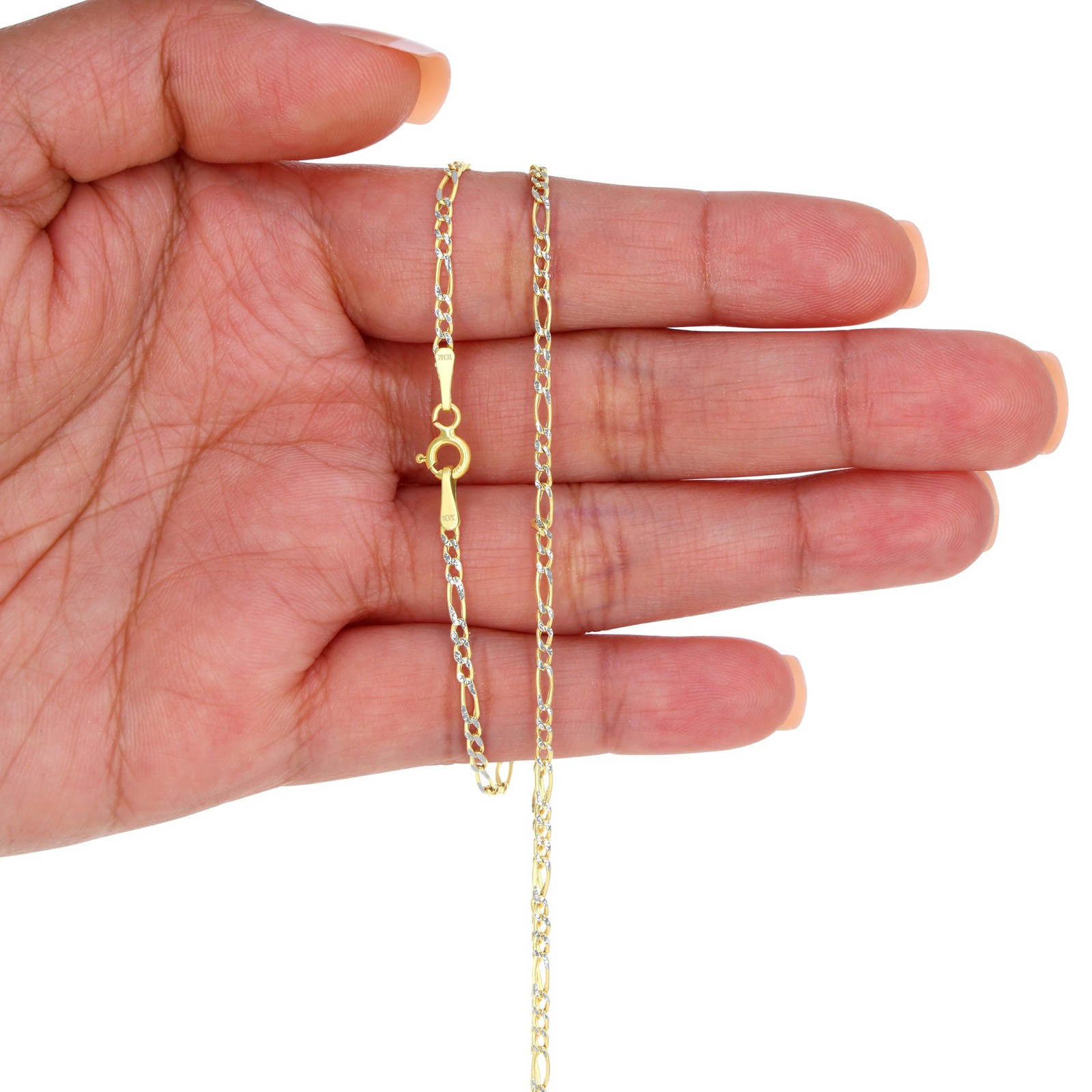 10K Yellow Gold 2mm Diamond Cut White Pave Figaro Chain Link Necklace 16″- 24″
