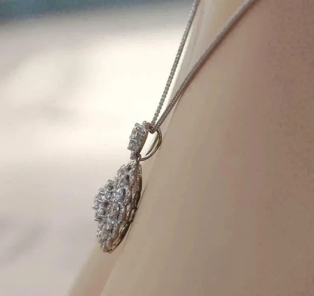 Real Moissanite 3Ct Round Cut Cluster Pendant Necklace 14K White Gold Plated
