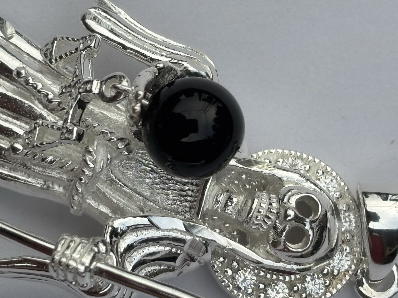 2.5″ ICED 925 STERLING SILVER LA SANTA MUERTE GRIM REAPER PENDANT CZ ONYX