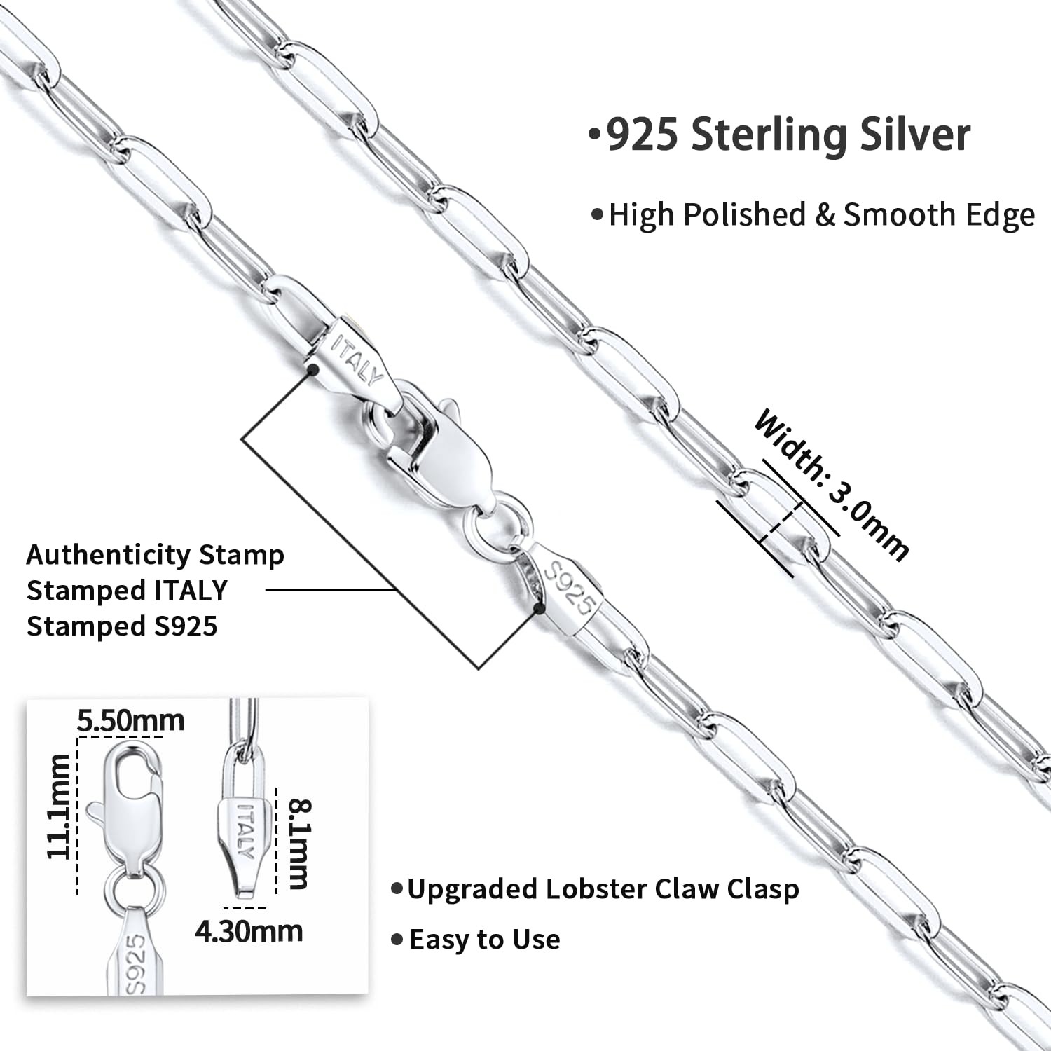 925 Sterling Silver Paperclip Chain Necklace for , 3mm Silver Chain for Shiny…