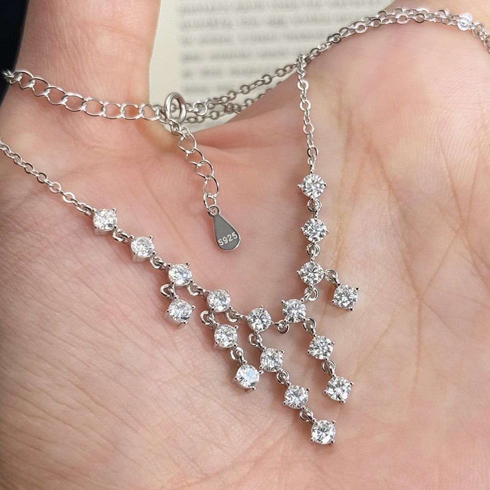 3mm Round Cut Real Moissanite Tassel Pendant Necklace 925 Sterling Silver Chain