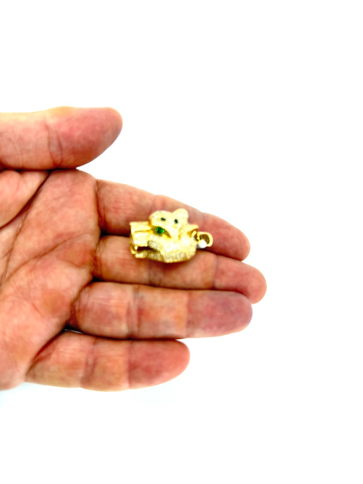 Real 14K Solid Yellow Gold Iced Panther Head Pendant CZ Black Enamel Jaguar