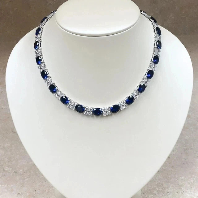 13 Ct Round Oval Blue Sapphire Lab Created Tennis Necklace 14K White Gold Plated