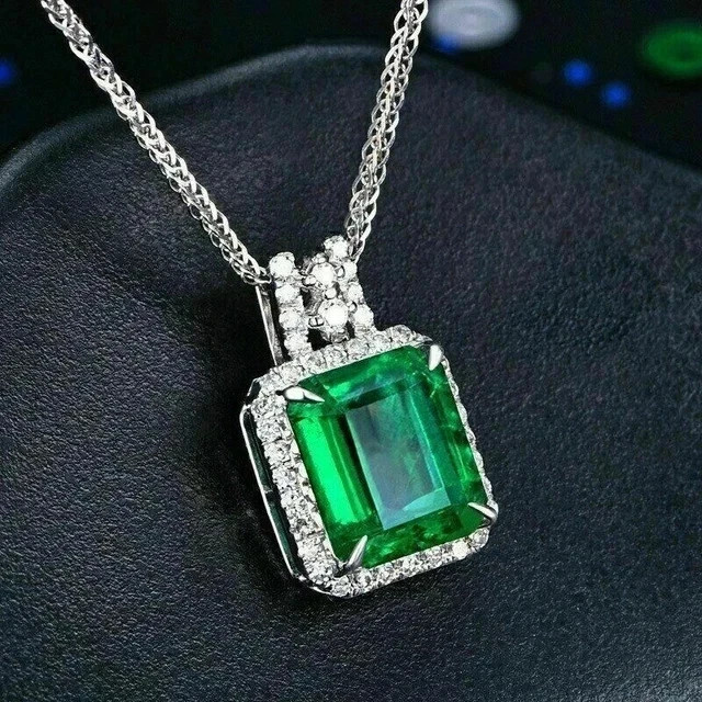 Emerald Cut LabCreated Green Emerald Womens Pendant withChain 14KWhite Gold Over