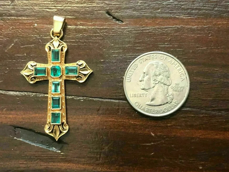 3Ct Emerald Cut Green Emerald Cross Pendant 14k Yellow Gold Finish