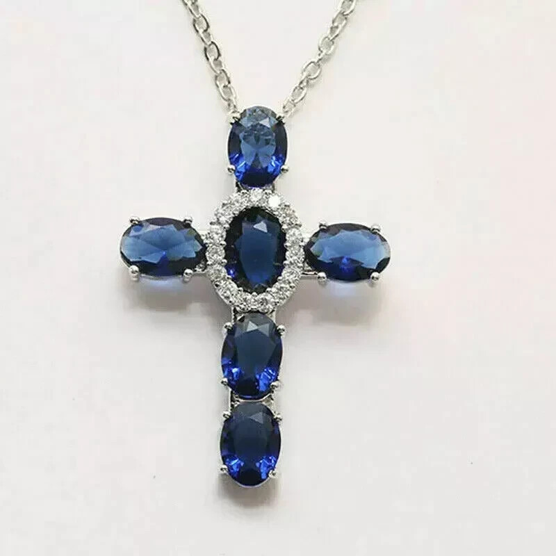 3Ct Oval Cut Blue Sapphire Diamond Cross Pendant Necklace 14K White Gold Finish