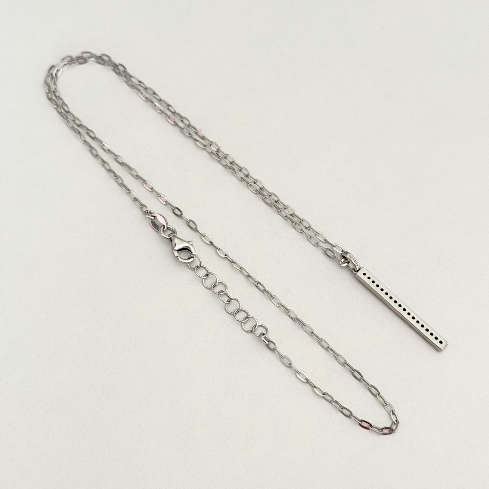 925 Italy Sterling Silver Genuine Diamond Pave Thin Bar Pendant Necklace 18″
