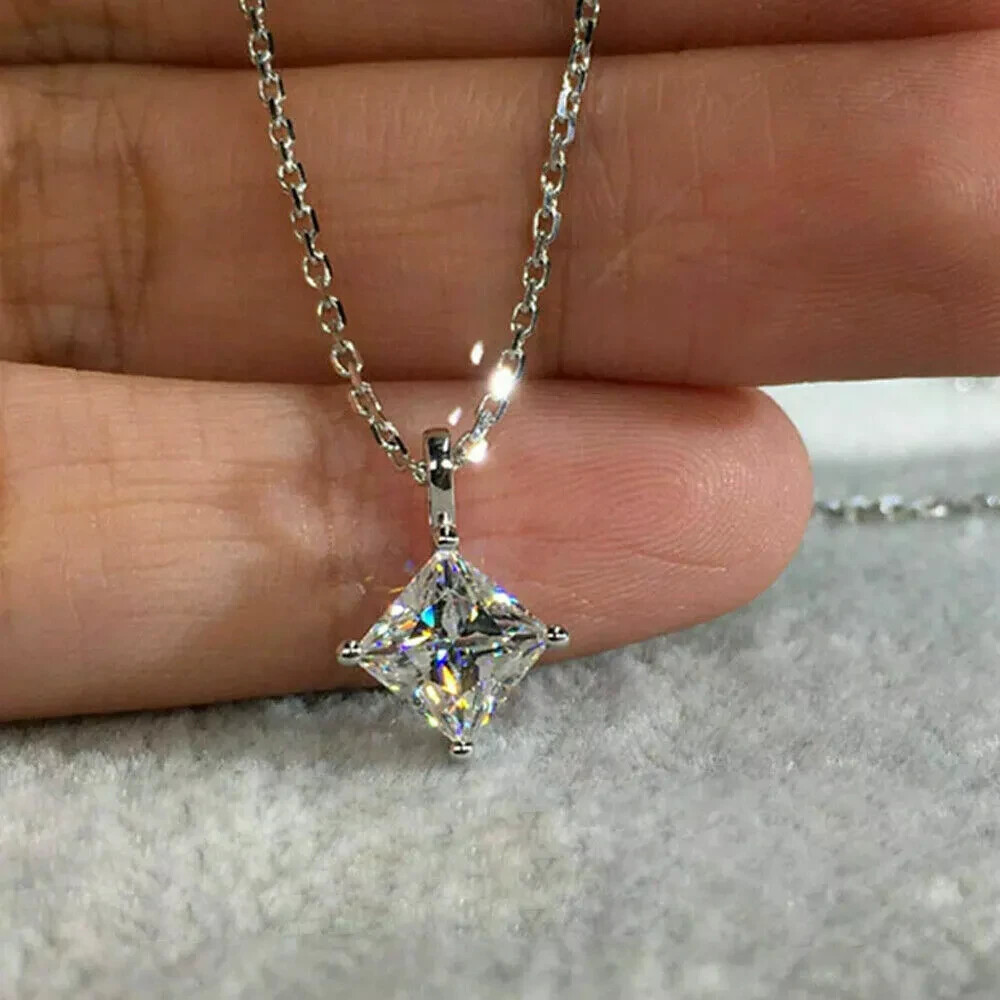 3.00 Ct Princess Cut Moissanite 4 Prong Solitaire Pendant 14K White Gold Plated