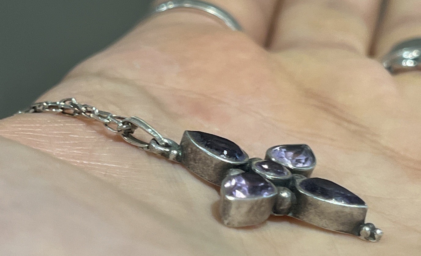 VINTAGE 925 Amethyst Pendant, Gothic Solid Sterling Silver Faceted Cross/Flower