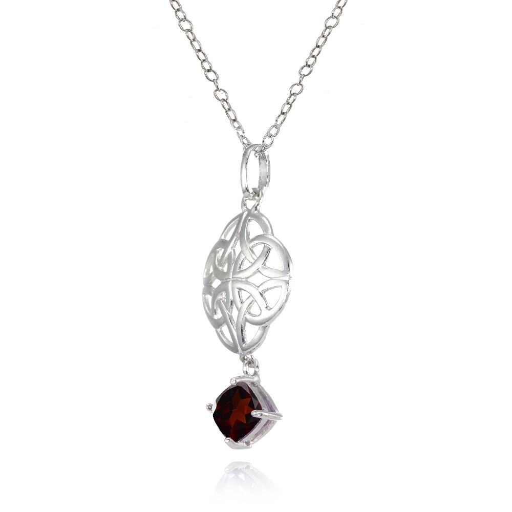 Sterling Silver Garnet Celtic Filigree Cushion Cut Dangling Necklace