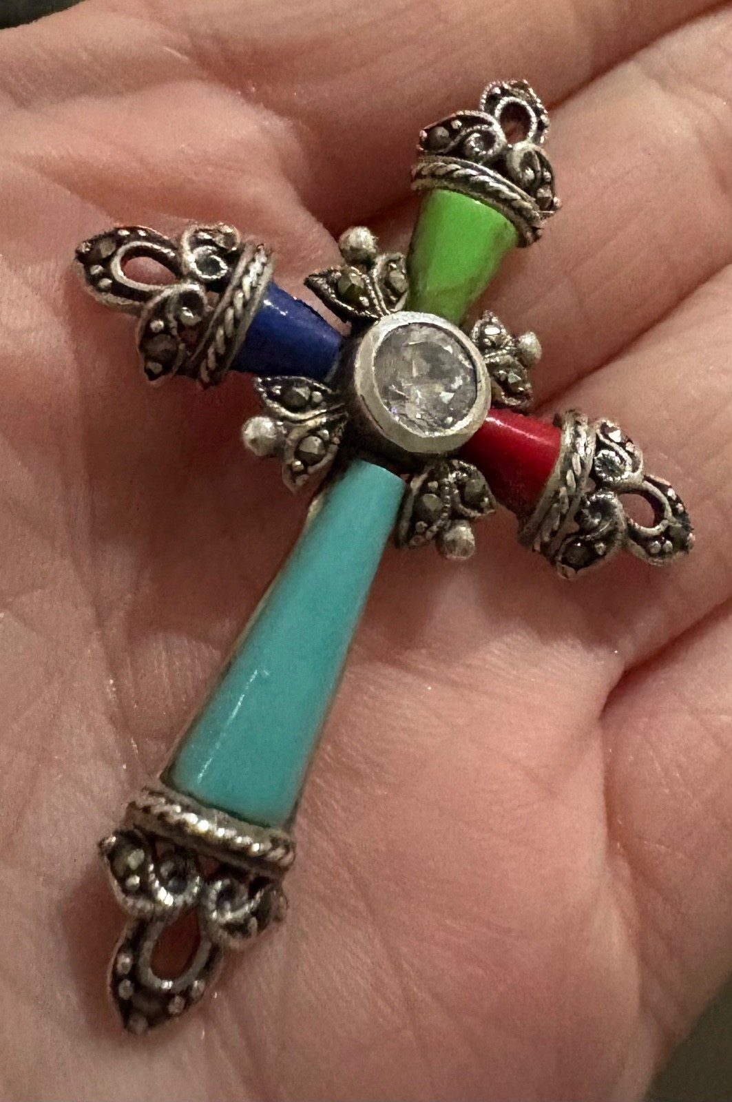 925 Sterling Silver Cross Pendant Turquoise Coral Lapis 2″ 7.16 grams CZ Gemston
