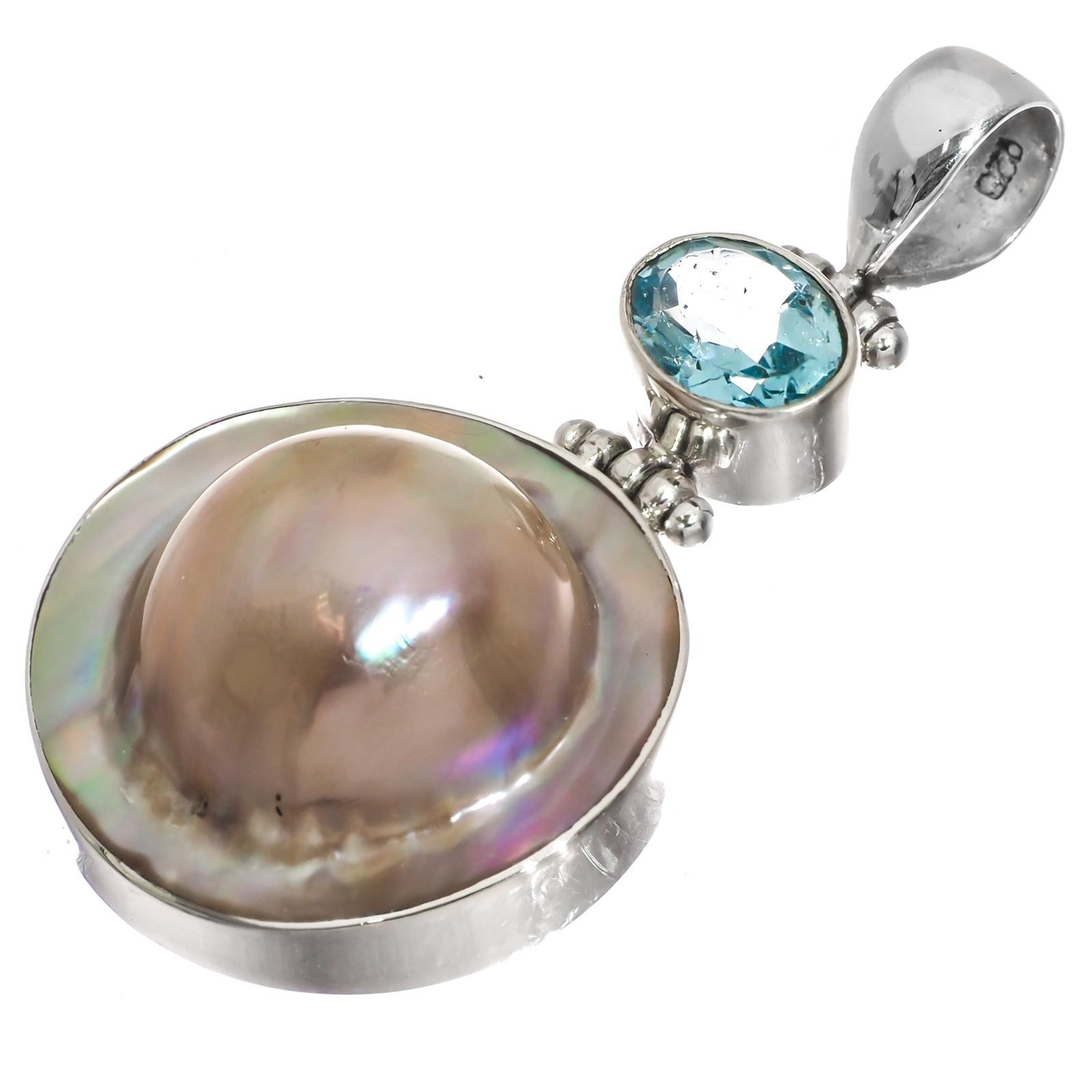 925 Silver Blue Topaz South Sea Cultured Blister Mabe Pearl Pendant, 1 3/4″