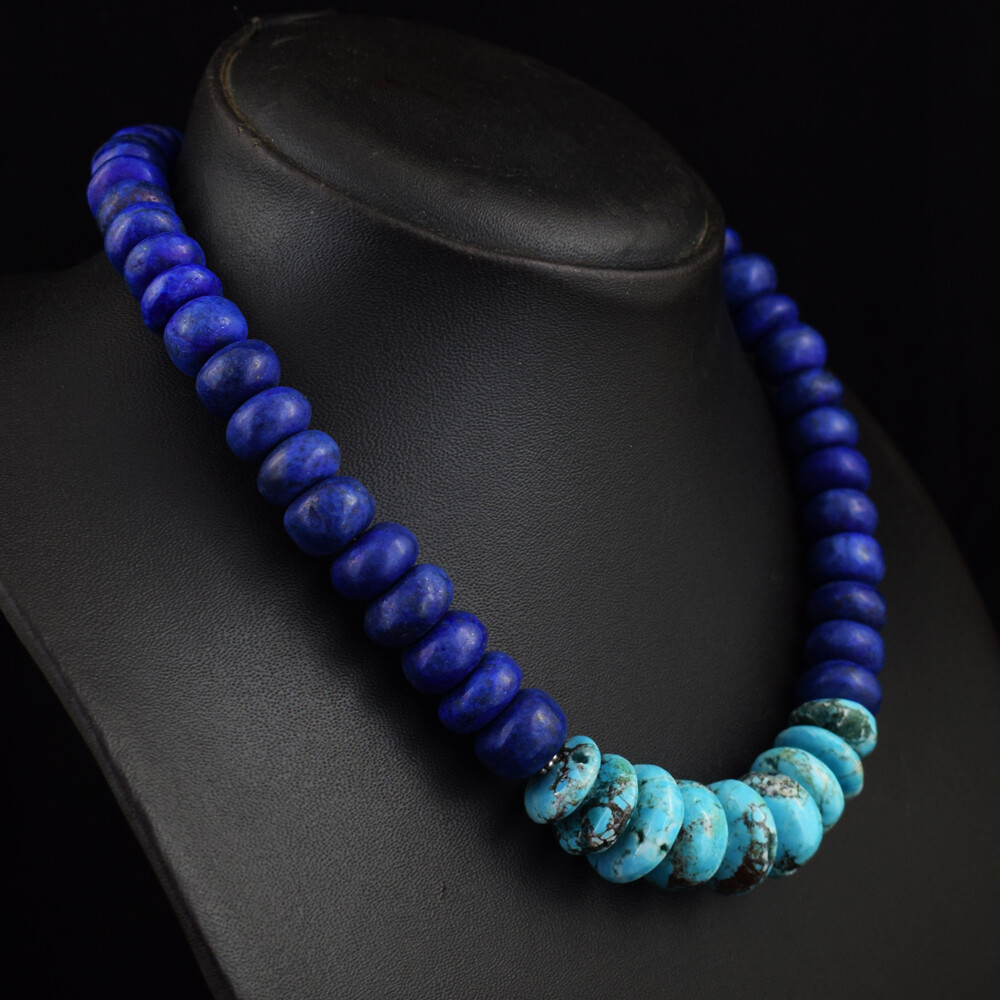 581 Cts Natural Lapis Lazuli & Turquoise Rondelle Beaded Necklace JK 08E388