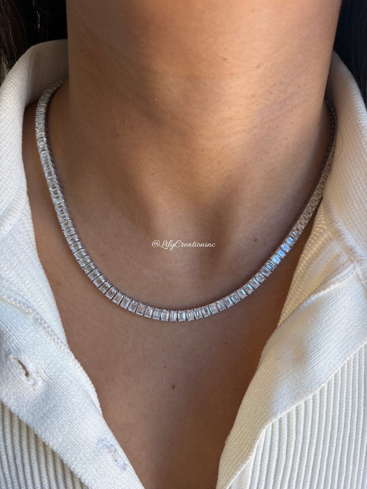 30 Ct Emerald Cut Lab Grown Diamond Tennis Necklace 15 Inch 14K Rose Gold