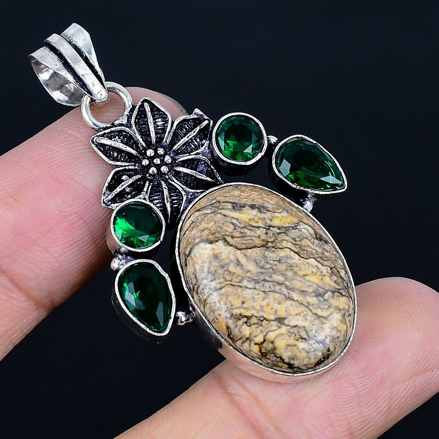 Enthralling Picture Jasper, Diopside 925 Sterling Silver Jewelry Pendant 2″