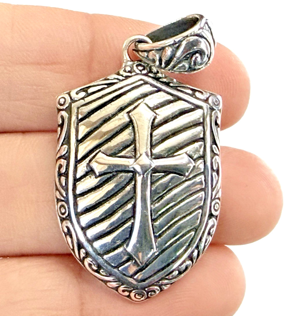 925 Sterling Silver Cross Shield Rib Cage Pendant Religious Faith Charm