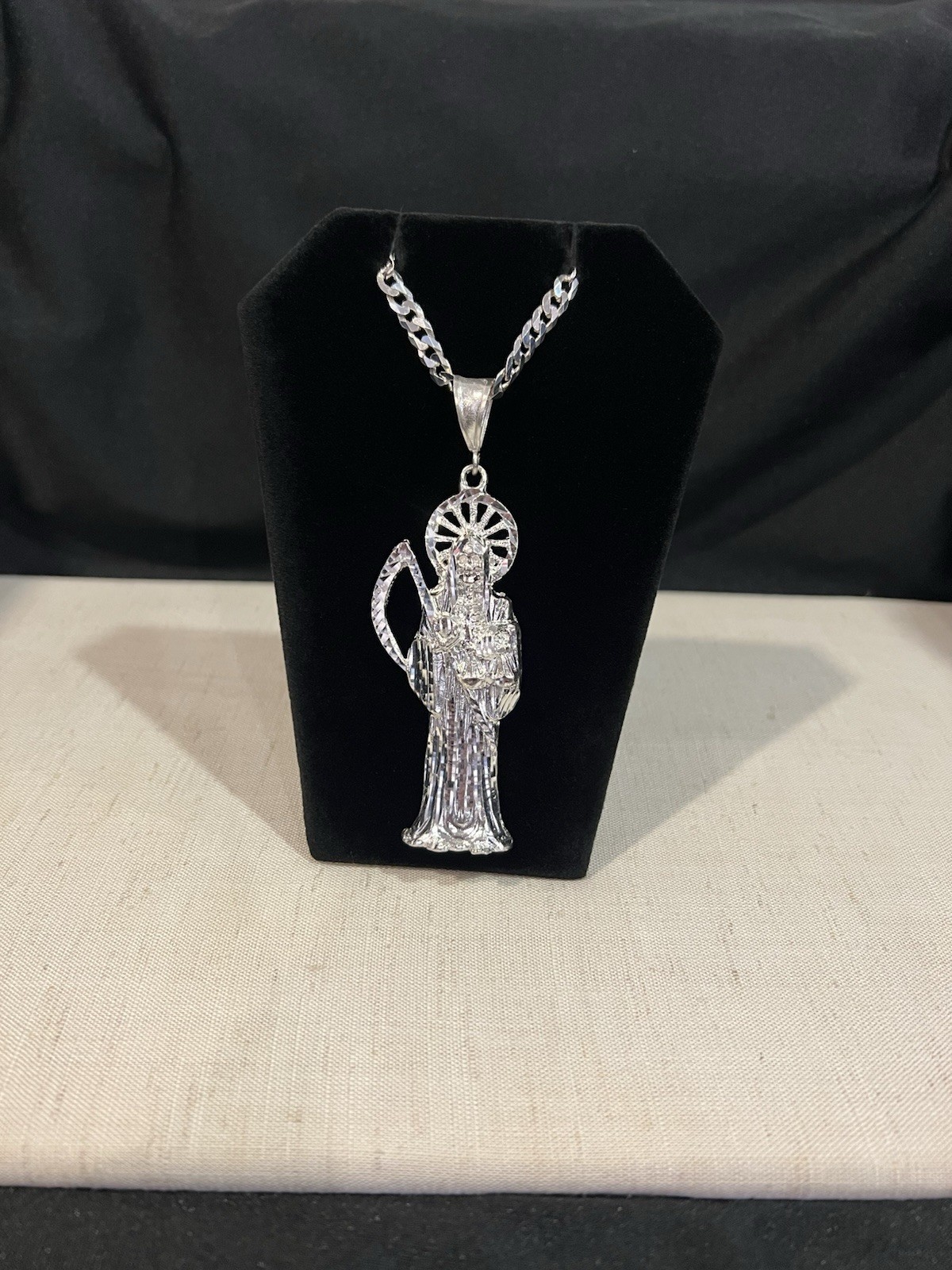 925 Sterling Silver BIG Men Women Santa Muerte Grim Reaper Curb Chain 20 24 30