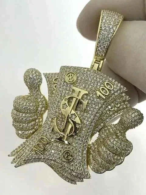 2.50Ct Real Moissanite Custom Money Hands Pendant 14K Yellow Gold Plated Silver