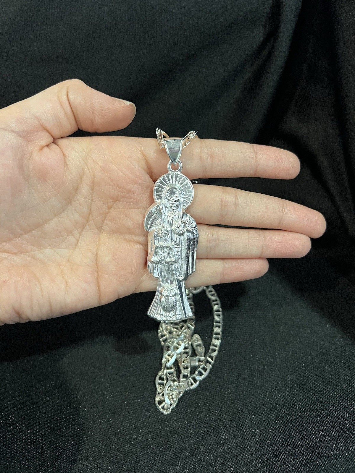 925 Sterling Silver Men Lady Santa Muerte Big Grim Reaper Mariner Chain 22 26 30