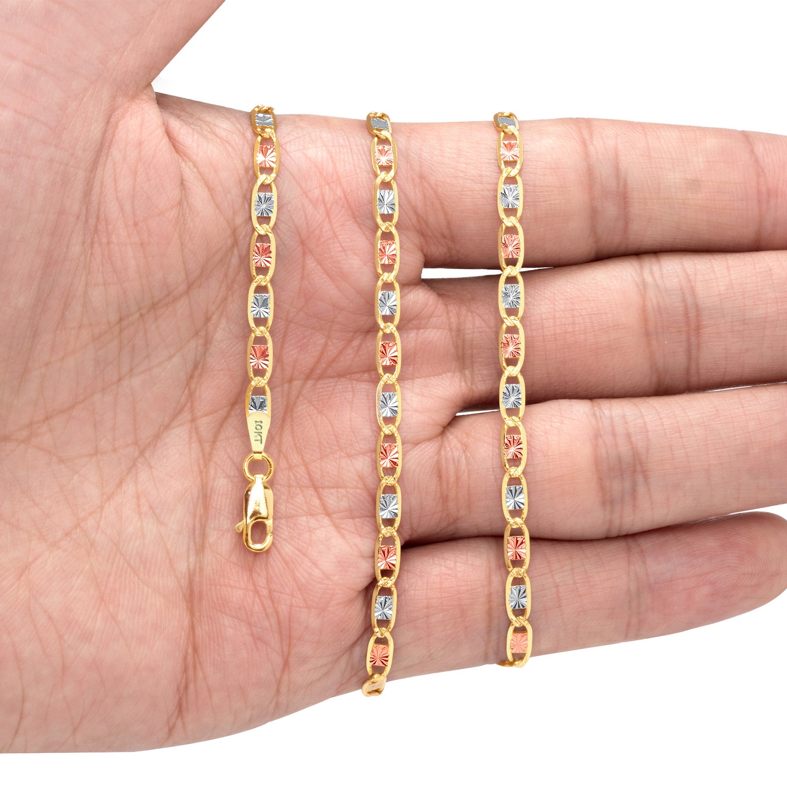 10K Yellow Rose White Gold 1.5mm-5mm Valentino Chain Necklace Bracelet 7″- 26″