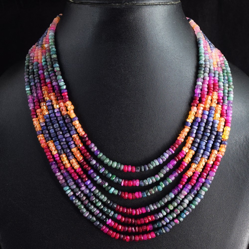 7 Strand 488.Cts Amazing Cut Ruby & Emerald Beaded Necklace Jewelery RK 26 E821