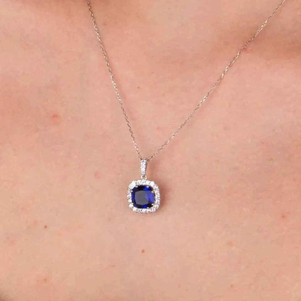 3.60Ct Cushion Cut Natural Blue Sapphire & Diamond Luxury Pendant 14K White Gold