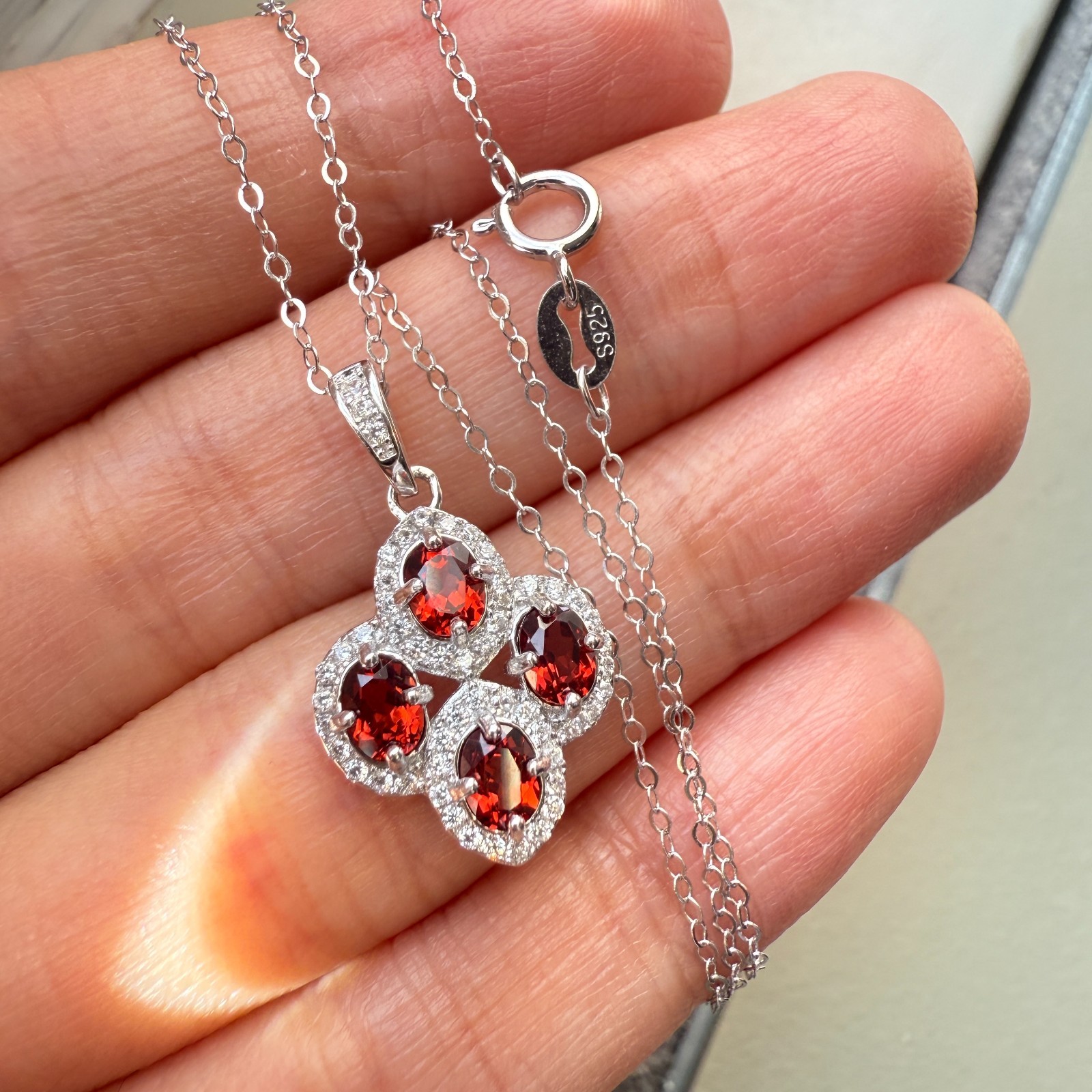 925 Sterling Silver Necklace 4x3mm Natural Garnet Gemstone Zircon Flower Chain