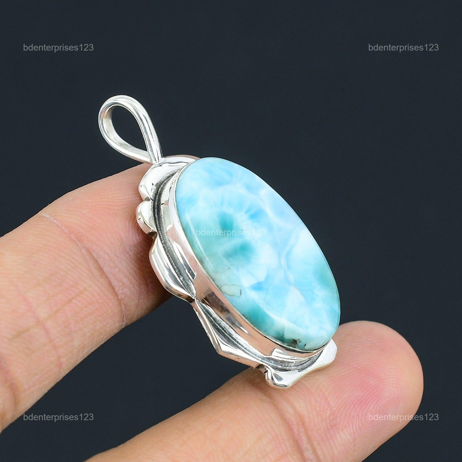 925 Sterling Silver Oval Larimar Gemstone Engagement Anniversary Pendant Jewelry