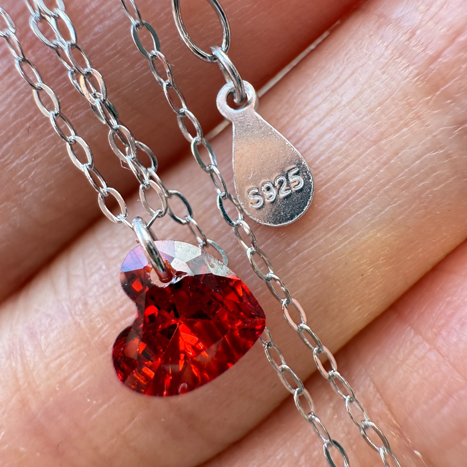 925 Sterling Silver Necklace 6mm Heart Red Natural Zircon Gemstone Chain Gift