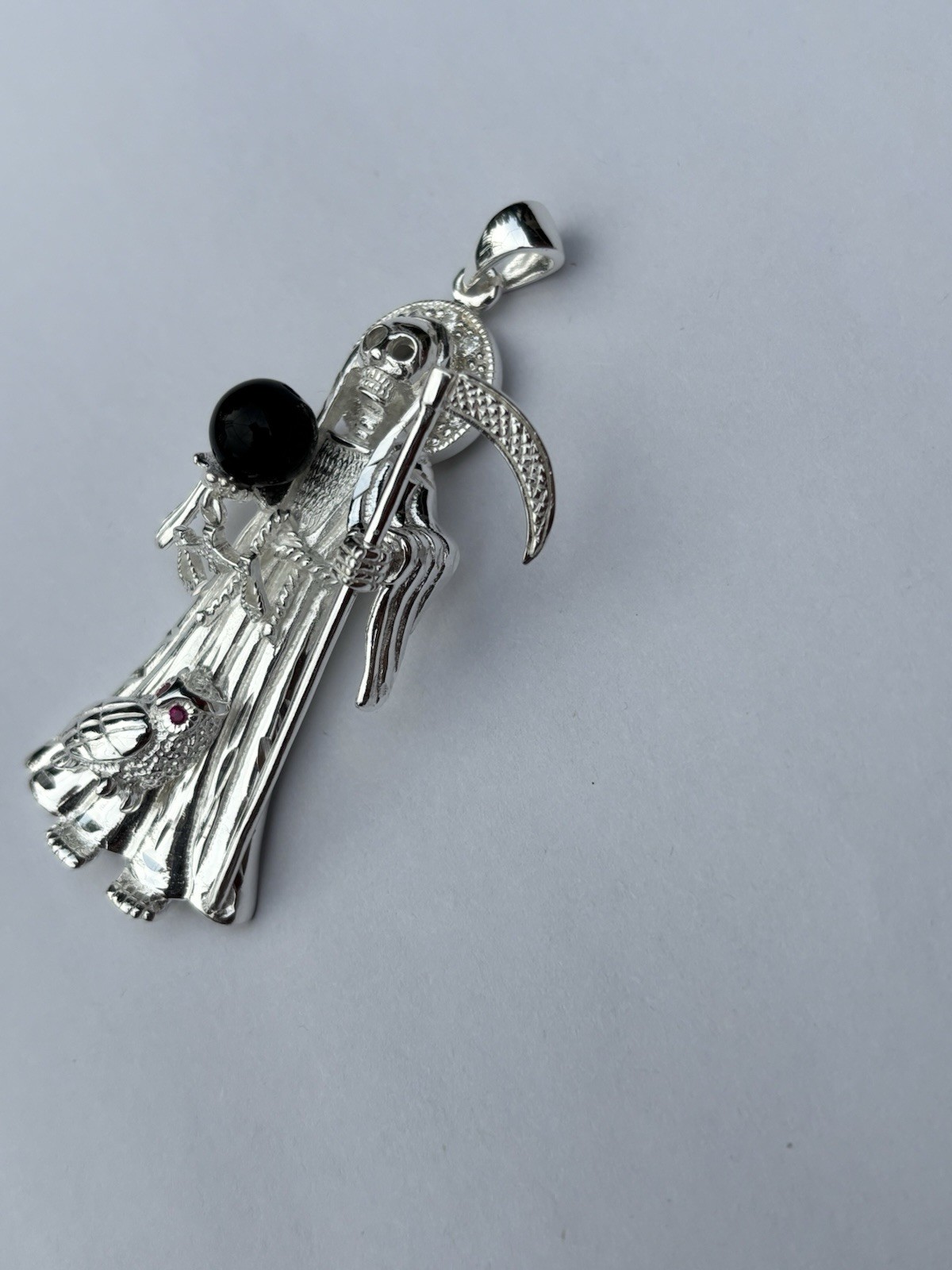 2.5″ ICED 925 STERLING SILVER LA SANTA MUERTE GRIM REAPER PENDANT CZ ONYX