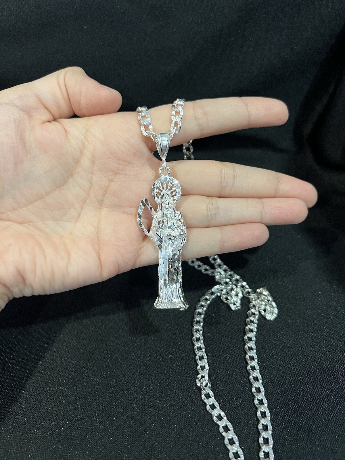 925 Sterling Silver Men Women Santa Muerte Grim Reaper Deck Curb Chain 20 26 30