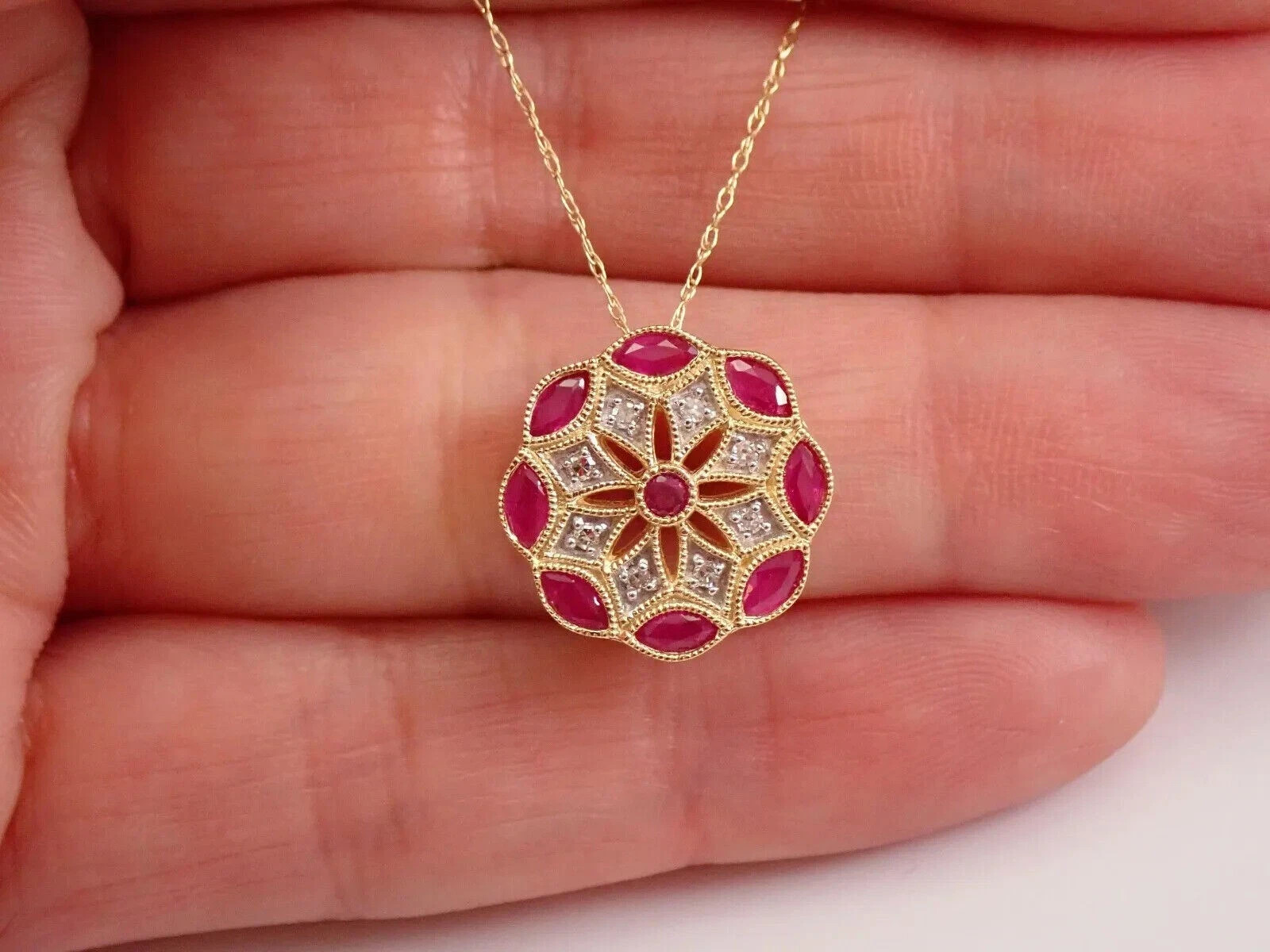 3Ct Marquise Cut Red Ruby Flower Halo Pendant 14K Yellow Gold Finish Free Chain