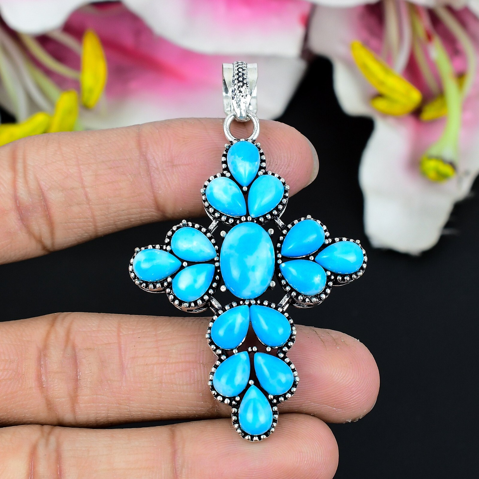 Blue Turquoise Gemstone 925 Sterling Silver Jewelry Boho For Gift Pendant – 2″