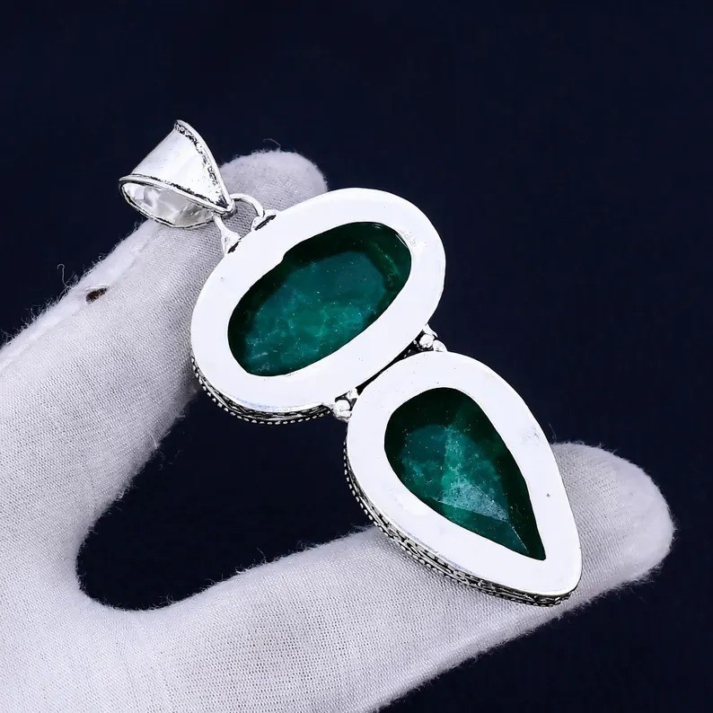 Emerald Gemstone Drop Pendant 925 Sterling Silver Handmade Jewelry For Gift
