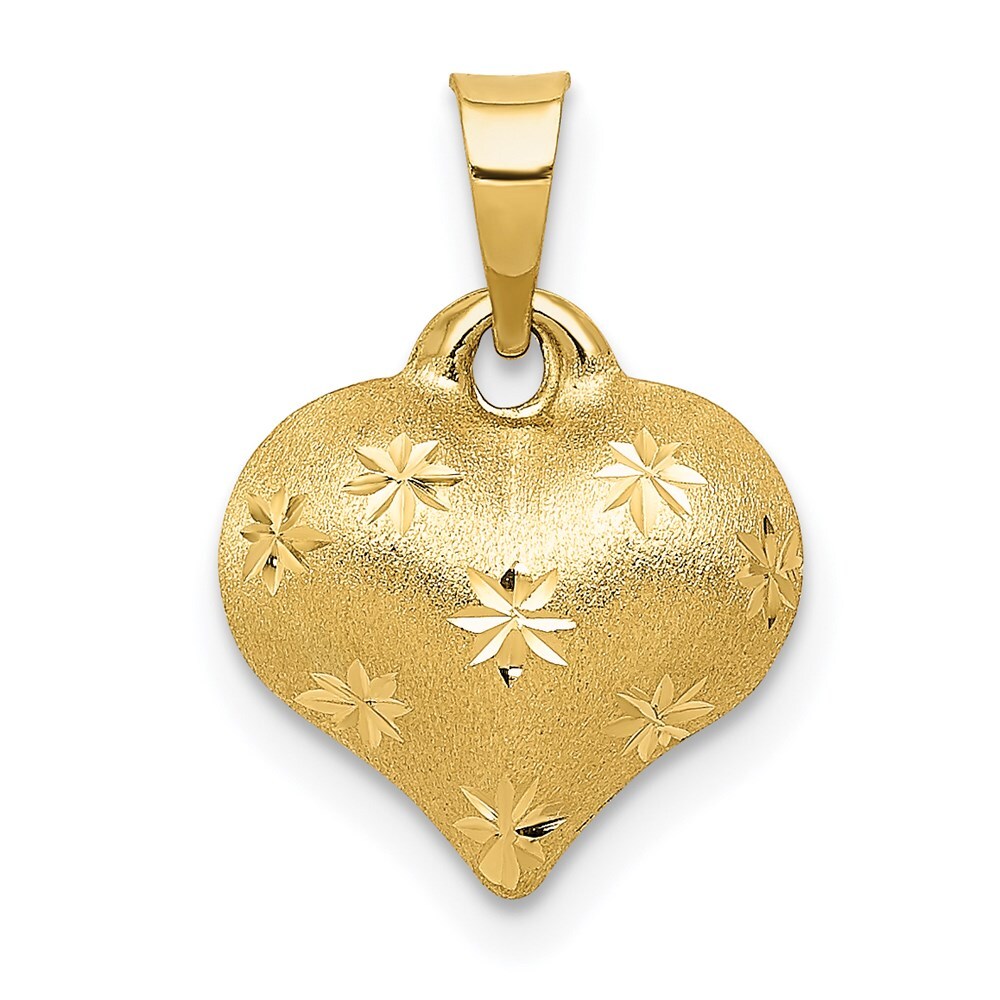 14k Yellow Gold & Satin Diamond-cut 3-D Puffed Heart Pendant 0.41gm L-16mm