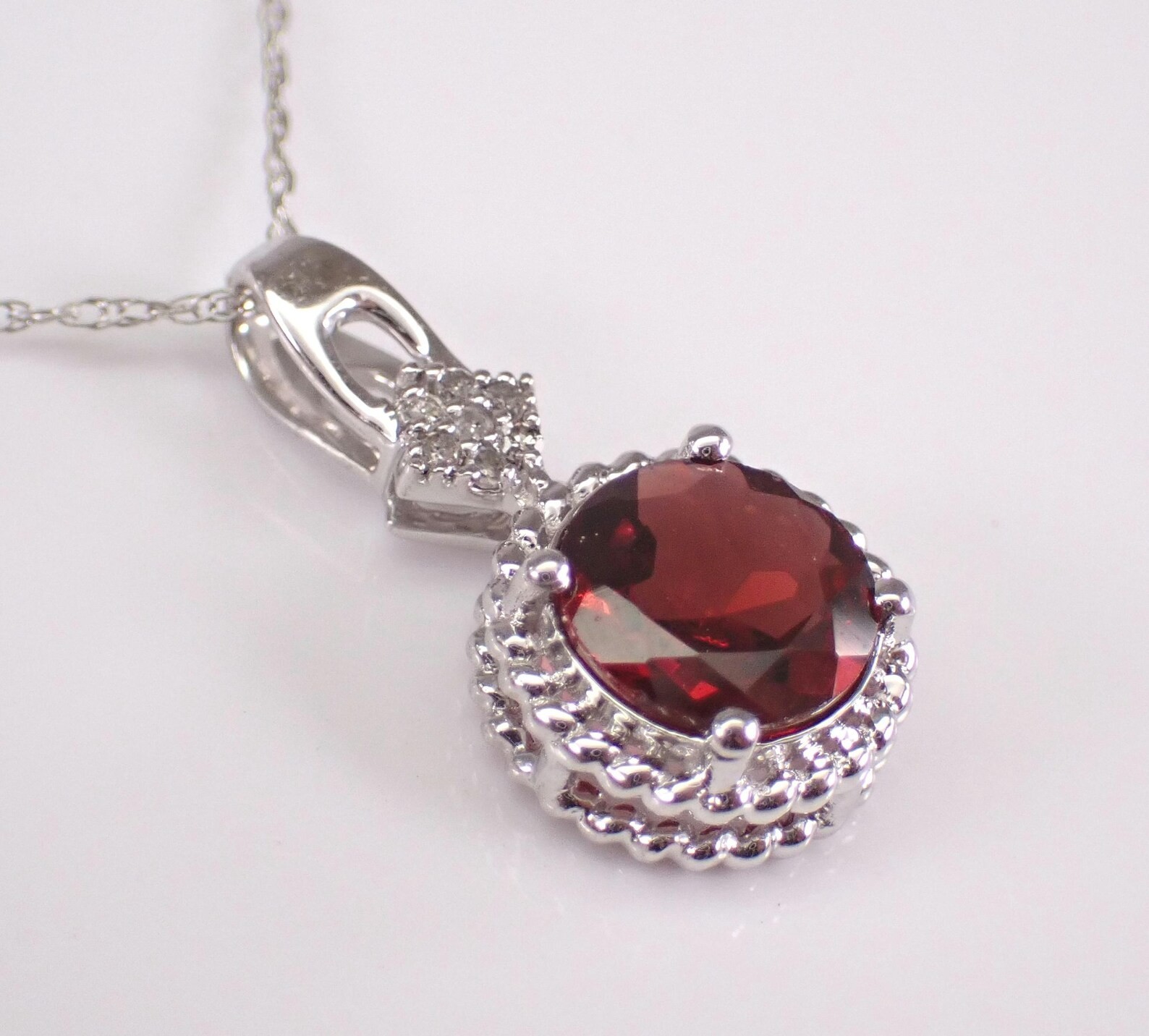 2 Ct Round Lab Created Red Garnet Halo Pendant Necklace 14K White Gold Plated