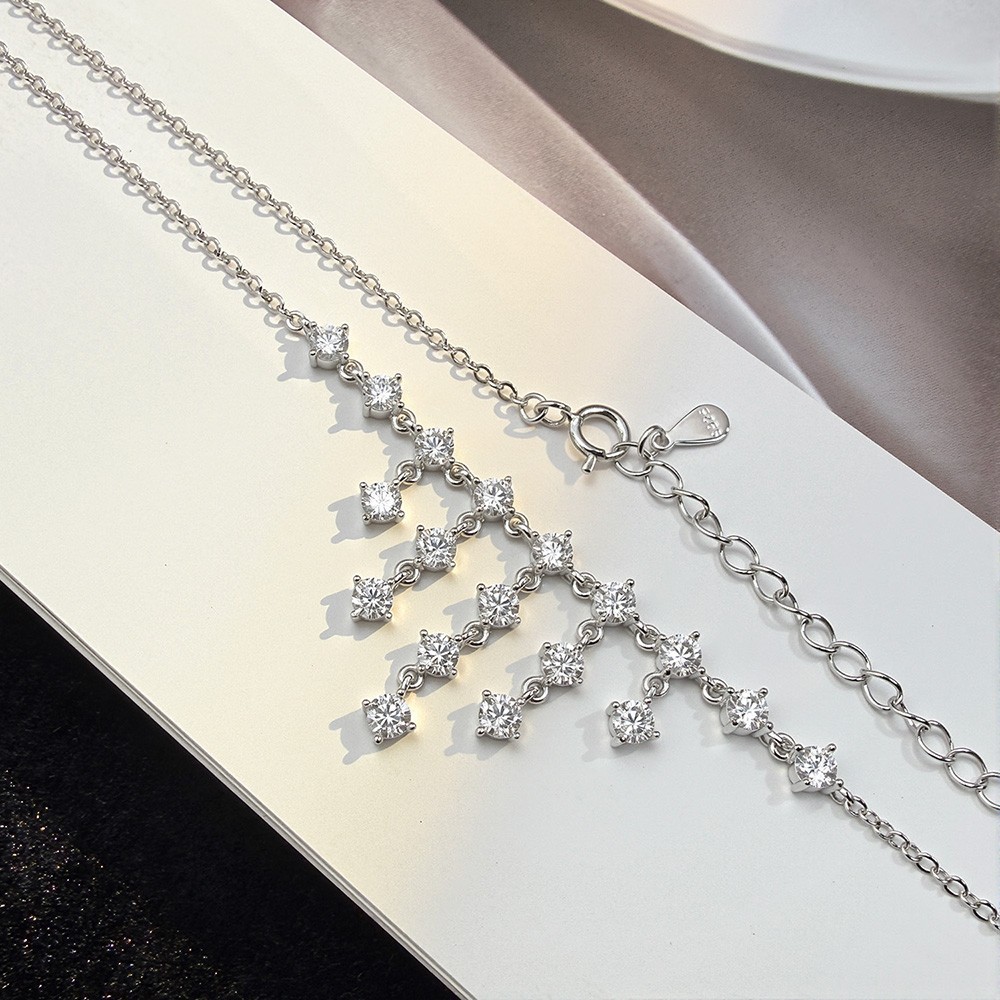 3mm Round Cut Real Moissanite Tassel Pendant Necklace 925 Sterling Silver Chain