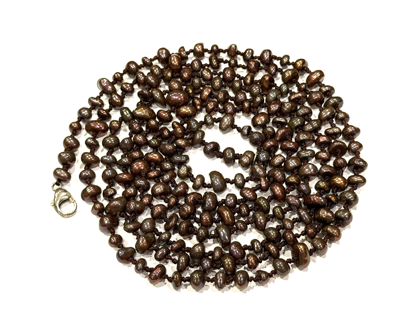 HONORA BROWN CULTURED PEARL HAND KNOTTED 72″ FLAPPER NECKLACE STERLING SILVER EU