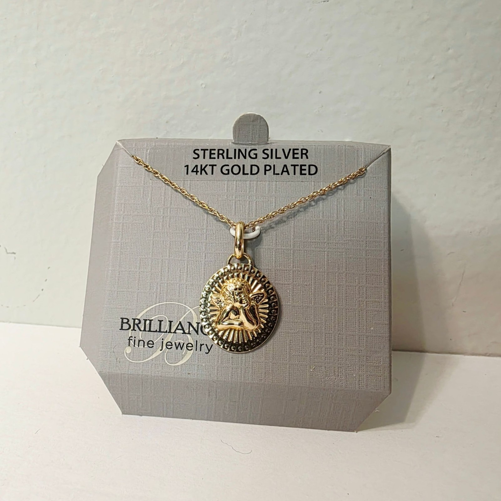 14K Gold Plated Sterling Silver My Guardian Angel Cherub Round Charm Necklace