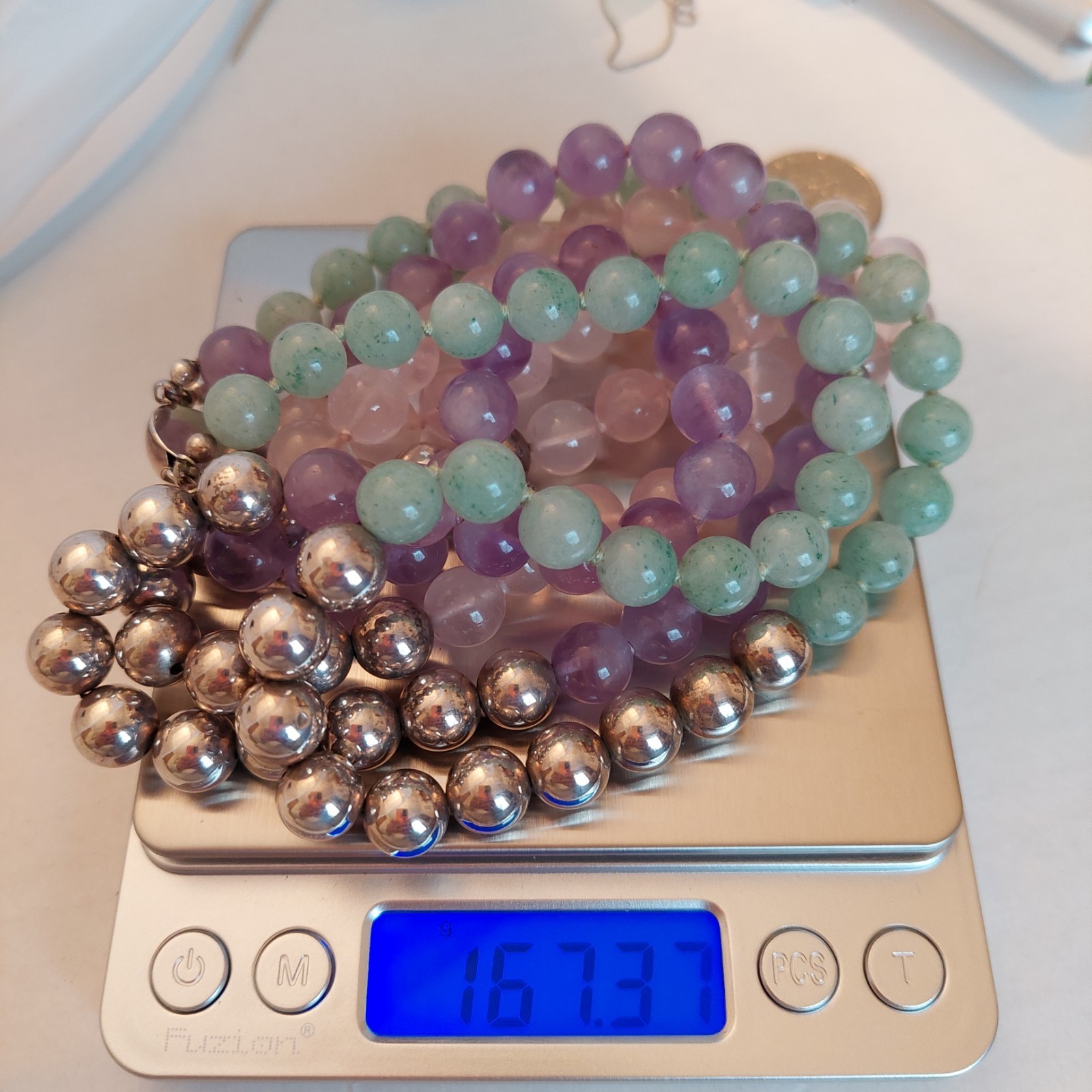 Sterling Silver Rose Quartz, Amethyst, Green Amethyst Multi-Strand Bead Necklace